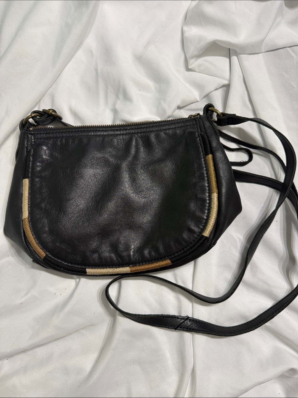 Black Leather Crossbody with Tan and Cream Trim
